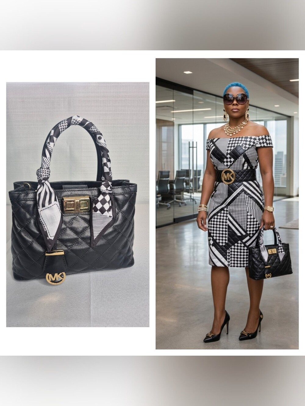 Michael Kors Black Quilted Top-Handle Bag with Printed Scarf